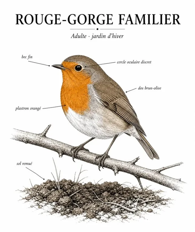Rouge gorge oiseau adulte au plastron orangé dans un jardin en hiver
