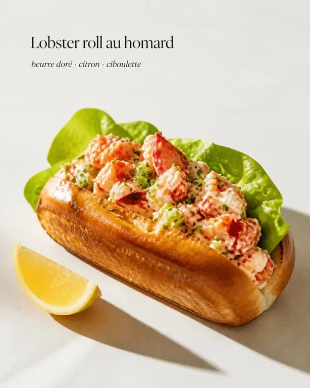 Lobster roll dressé avec pain brioché doré, homard crémeux et citron