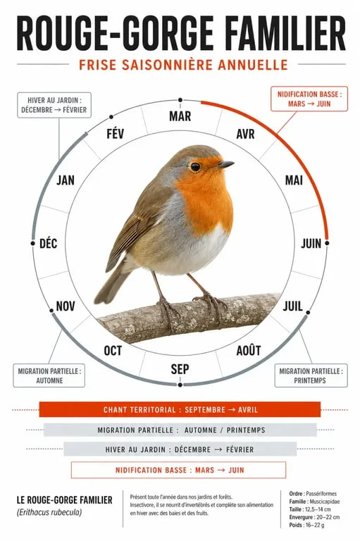 Rouge gorge oiseau frise saisonnière du chant, de la migration et de la nidification