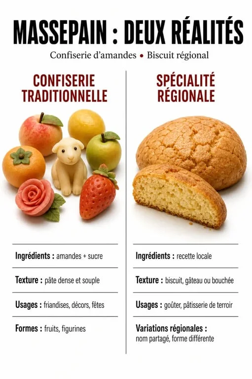 Massepain comparé entre confiserie d’amande moulée et spécialité régionale en biscuit ou gâteau