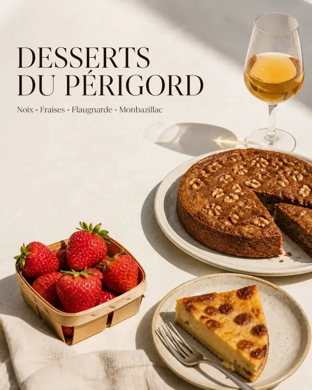 Spécialité périgord : gâteau aux noix, fraises du Périgord et Monbazillac en dessert sur une table gourmande