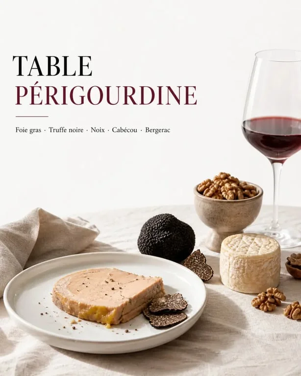 Spécialité périgord : assortiment de foie gras, truffe noire, noix, cabécou et vin de Bergerac sur une table rustique