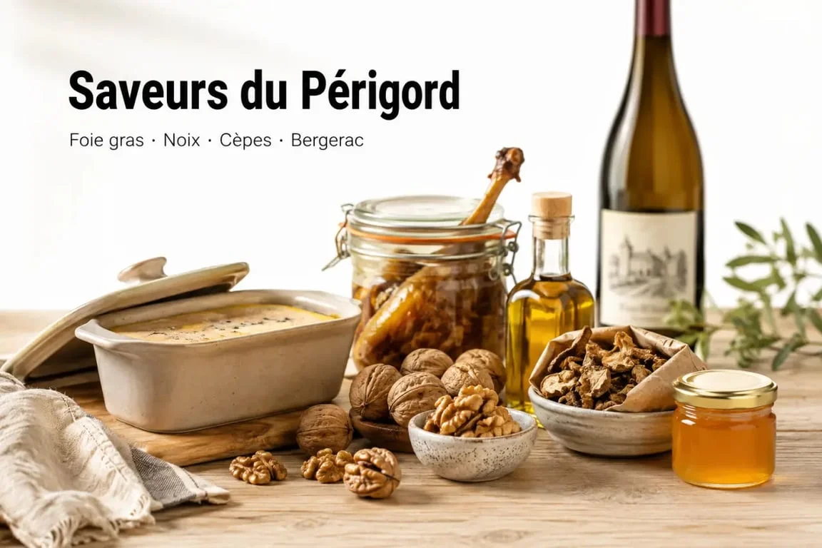 Produits du Périgord présentés sur une table gourmande avec foie gras, confit, noix et huile de noix
